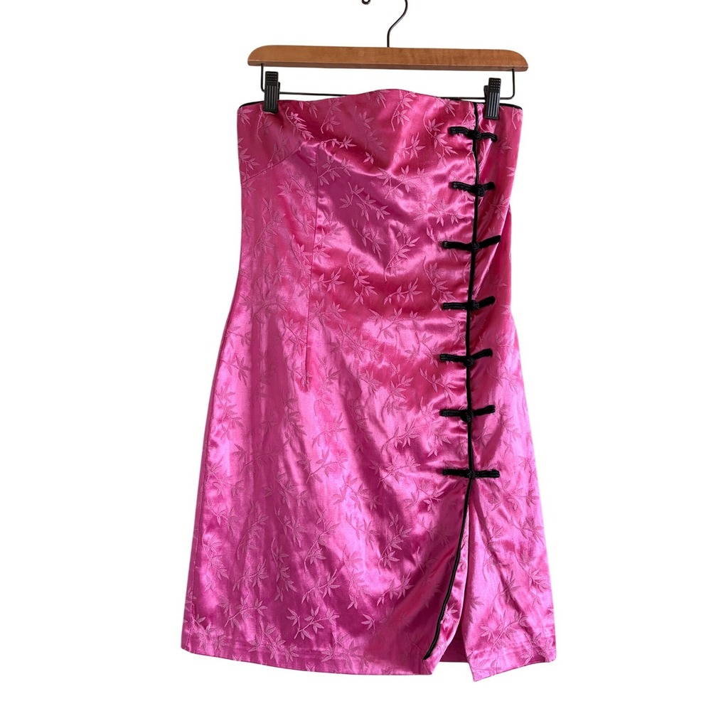 Ana Capri Vintage Y2K Pink Jacquard Strapless Mini Dress Frog Knots Large USA